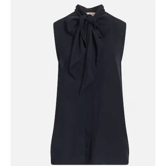 Tory Burch Womens Sleeveless Bow Blouse Shirt Top Size 8 Navy Blue NWT $250